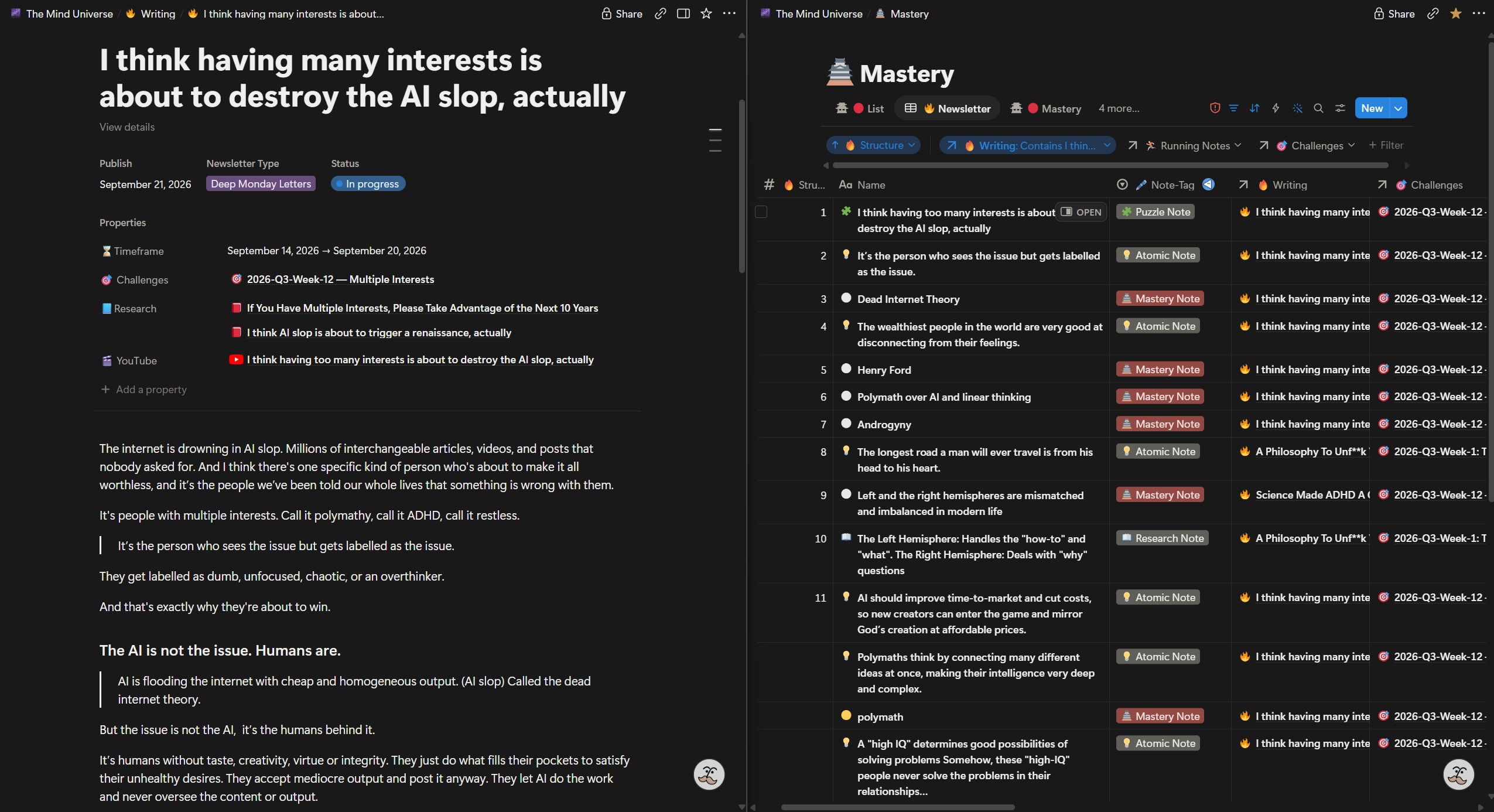 My Notion writing system — raw notes and atomic ideas on the left, curated into structured Mastery notes on the right